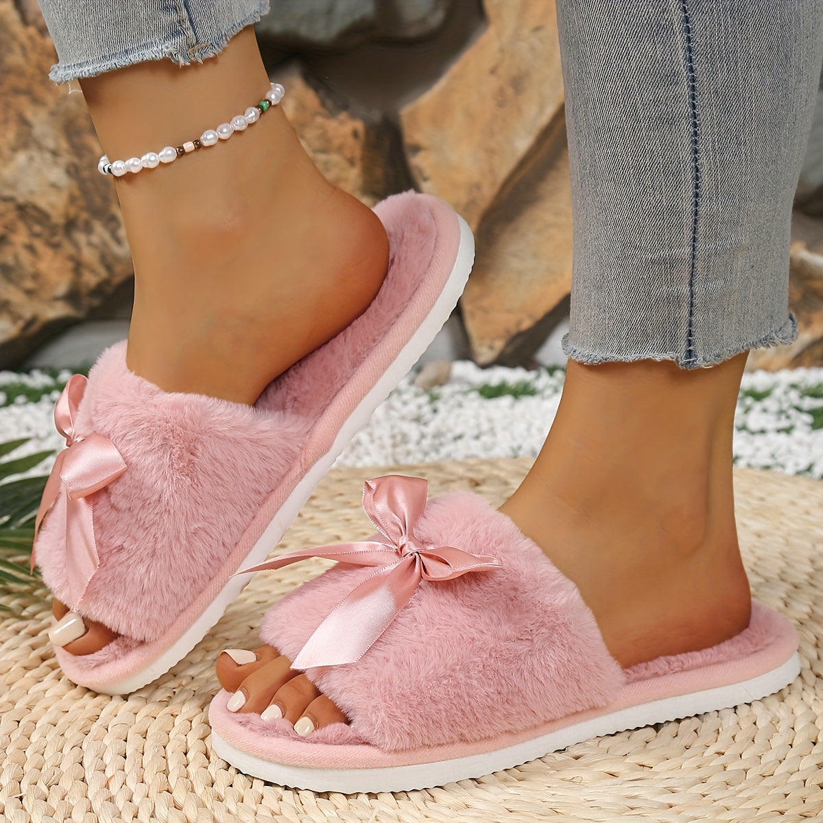 Women Plush Slippers Soft Faux Fur Bowknot All-Season Comfort