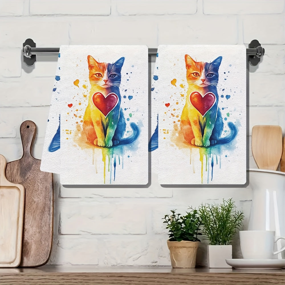 Ultra-Soft Kitchen Towels with Cat and Rainbow Hearts, Absorbent, 40x60 cm