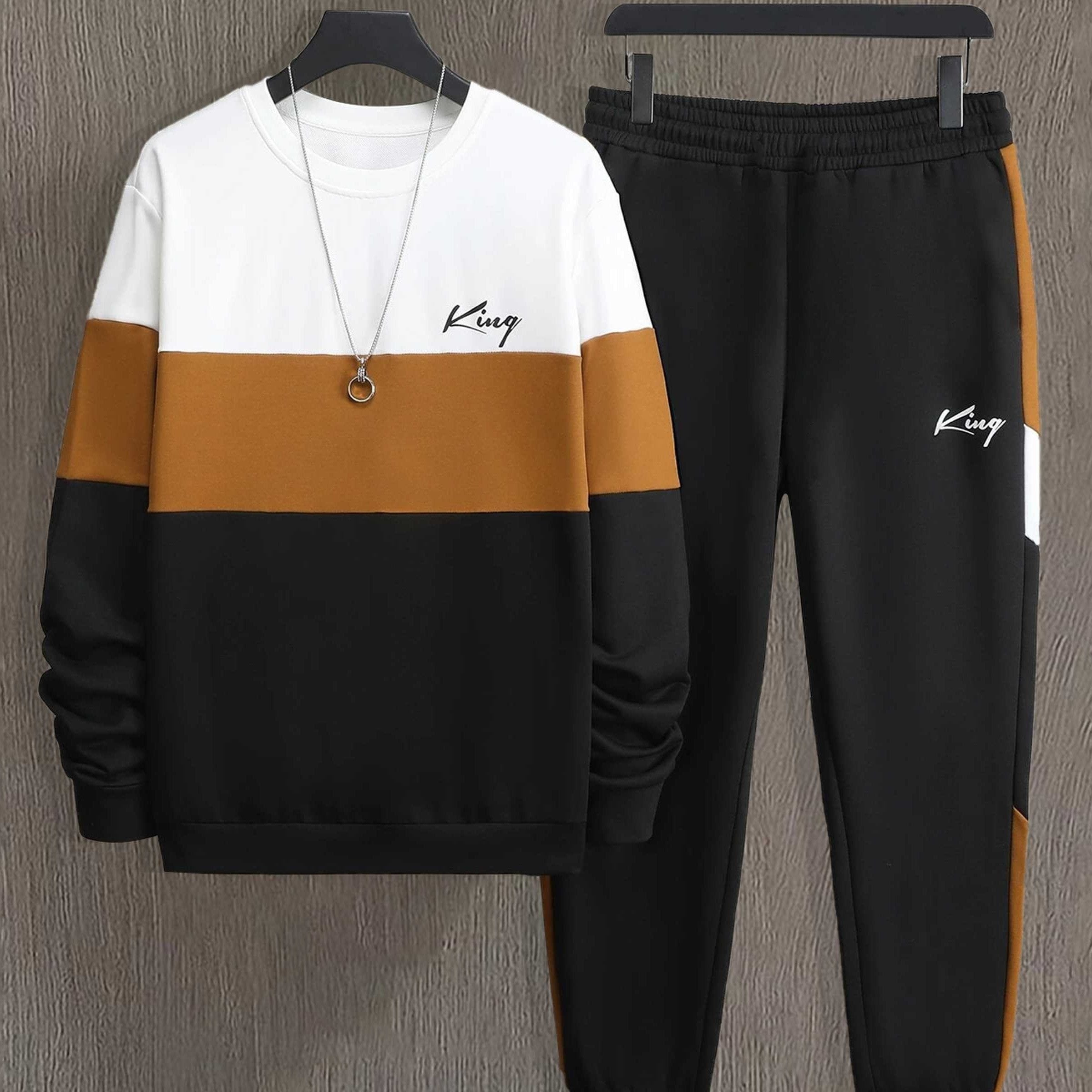 Conjunto de ropa deportiva para hombre en colores bloqueados, sudadera de manga larga con cuello redondo y pantalones jogger, primavera y otoño