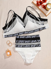 Women's Lingerie Set Solid Knit Fabric Mid Rise Briefs with Removable Padding Sports Bra and Panty