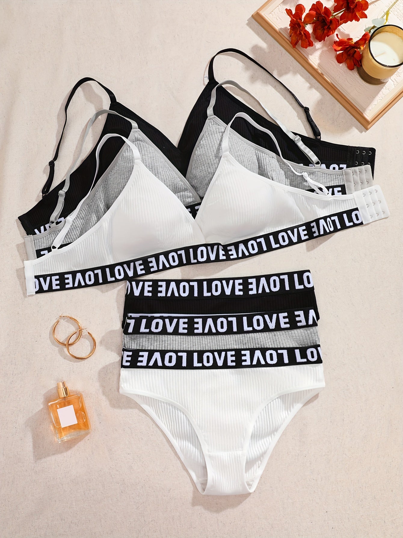 Women's Lingerie Set Solid Knit Fabric Mid Rise Briefs with Removable Padding Sports Bra and Panty