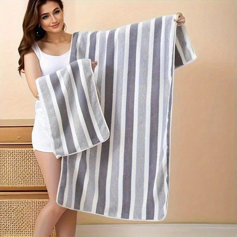 Set of 2 Soft Touch Striped Bath Towels Quick-Drying Highly Absorbent for Home Spa