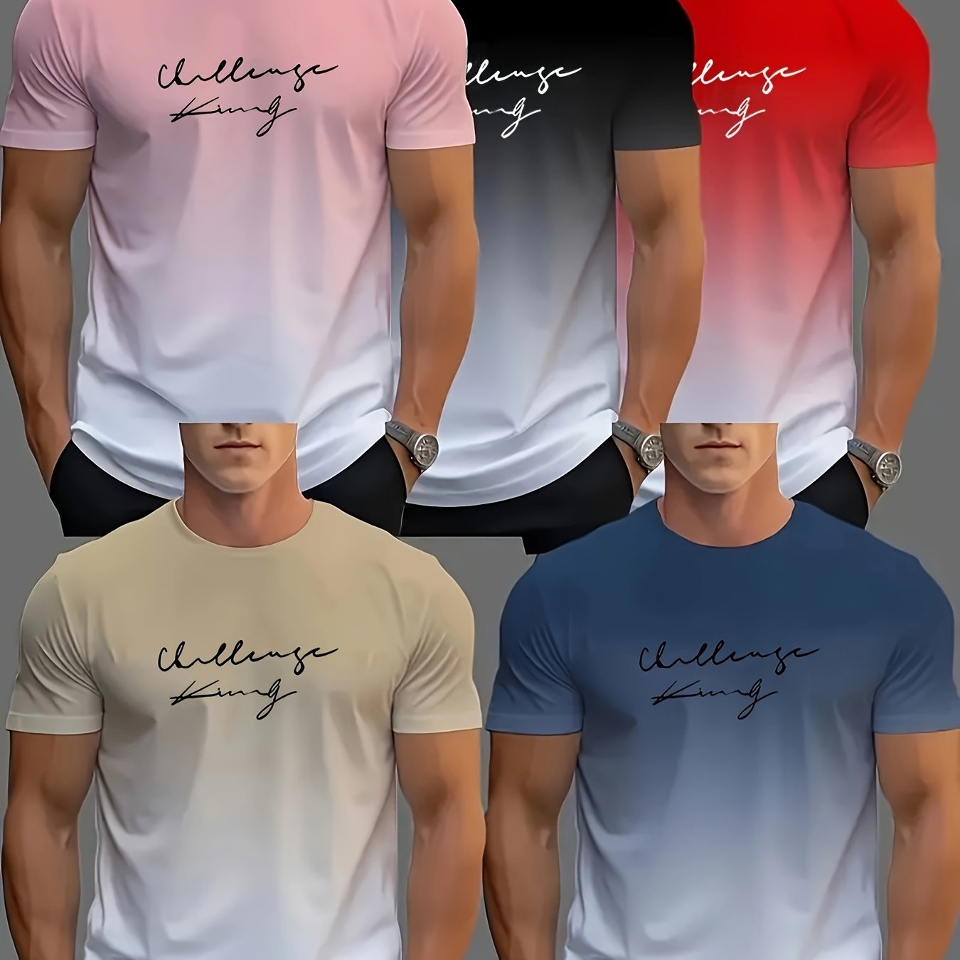 Men's 5-Pack Ombre Crew Neck T-Shirts Polyester Spandex Casual Regular Fit