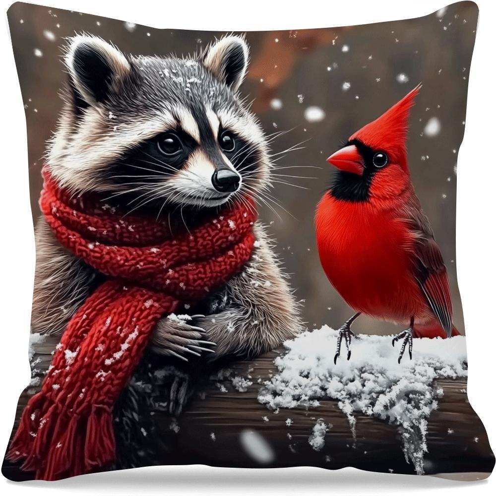 Decorative Raccoon and Cardinal Throw Pillow Cover Polyester Cartoon Style Machine Washable