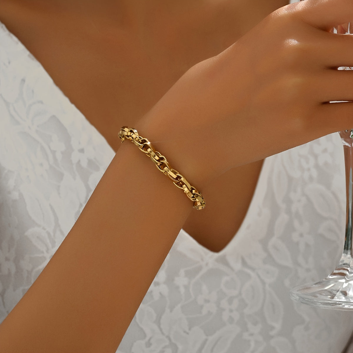 Pulsera ajustable de cadena de eslabones con baño de oro en acero inoxidable para mujeres