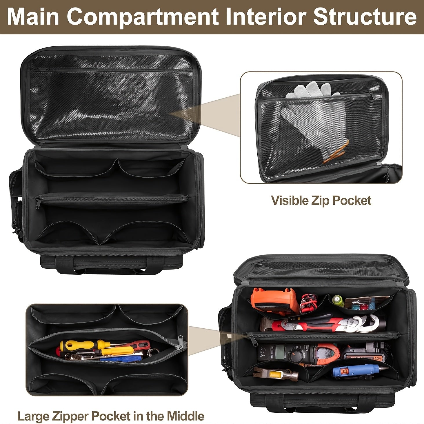 14-Inch Black Tactical Tool Bag with Scratch-Resistant Bottom for Electricians Maintenance Craftsmen