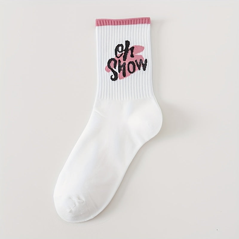 Women’s Pink Letter Socks 5 Pairs Calf-Length Stockings Spring Summer