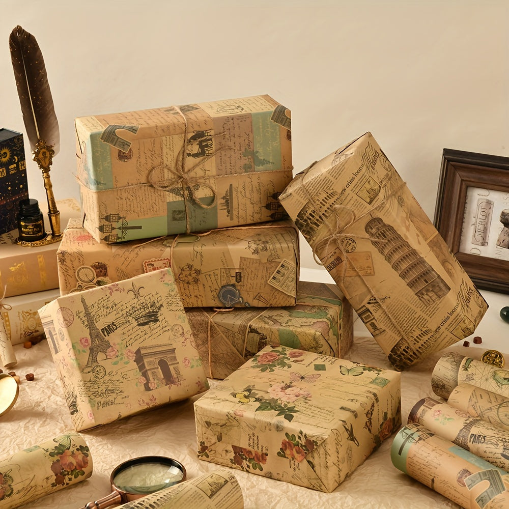 Kraft Paper Packaging with Vintage Newspaper Design and Eiffel Tower Bicycle Prints