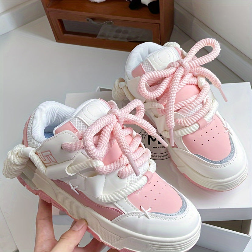 Pink Women's Chunky Lace-Up Sneakers Low Top All-Season Fabric Rubber Sole