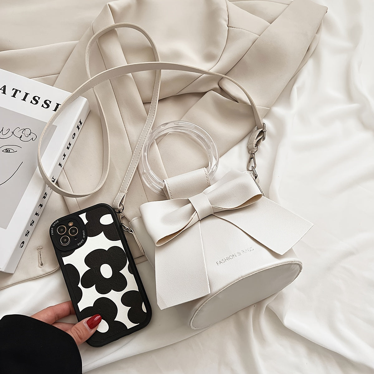 Women's Bucket Bag with Detachable Strap Bow Accent in Black White Pink Blue