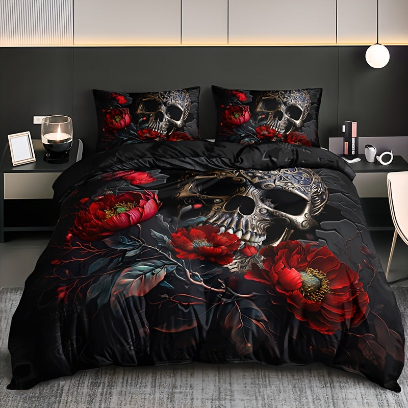 Gothic Skull Floral Duvet Cover Set 3 Pieces Breathable Bedding for Home and Dorm