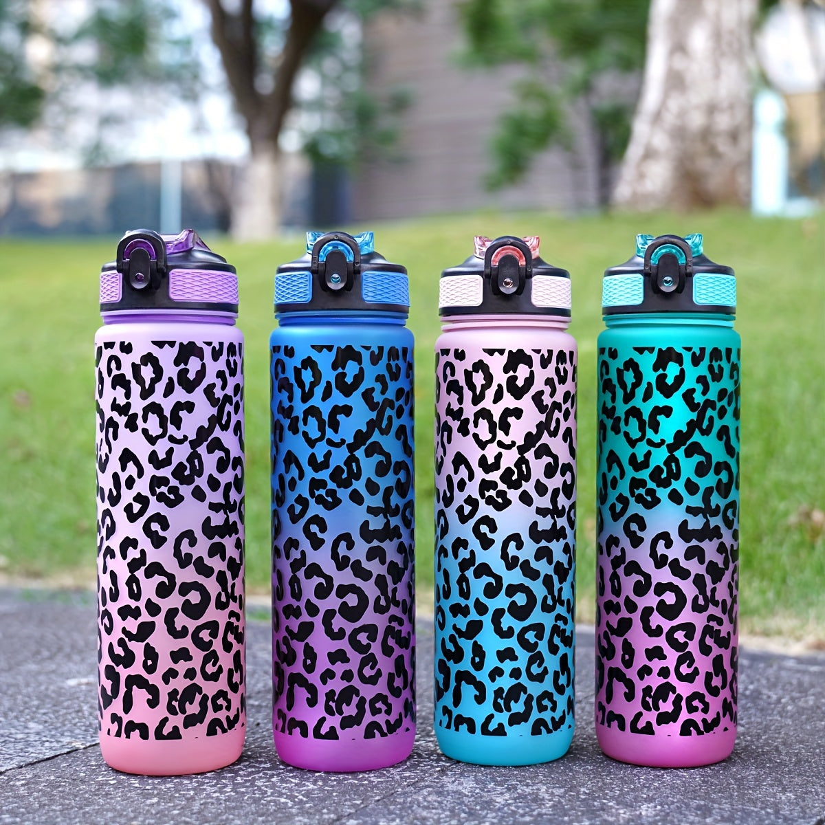 Botella de agua con gradiente de estampado de leopardo de 32oz, libre de BPA, para senderismo, camping y fitness