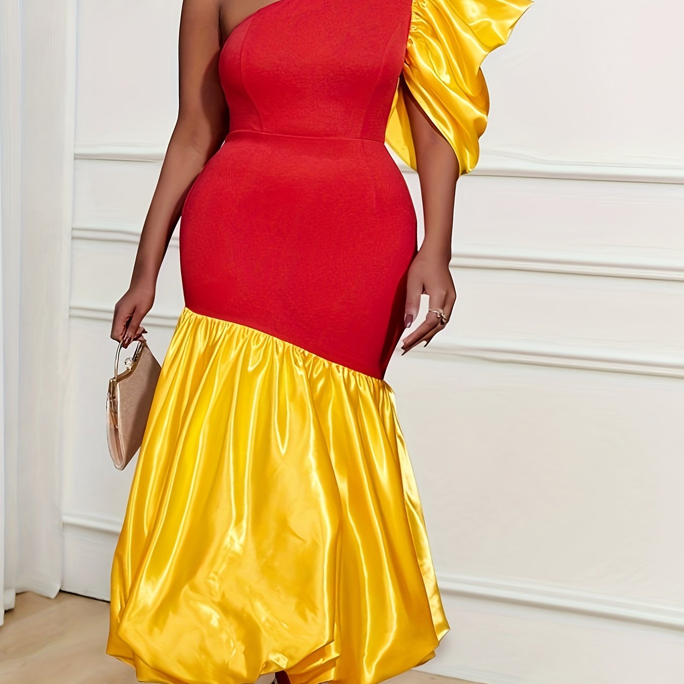 Plus Size Satin Color Block One Shoulder Midi Dress for Party