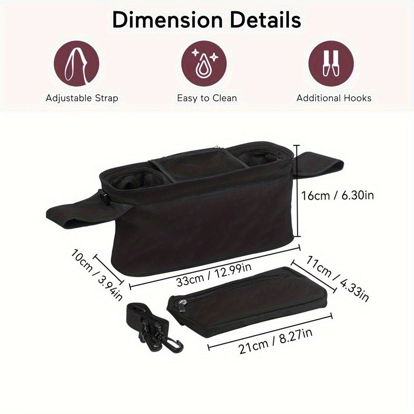 Organizador multifuncional para cochecito con portavasos aislado, bolsillo para teléfono y correa para el hombro