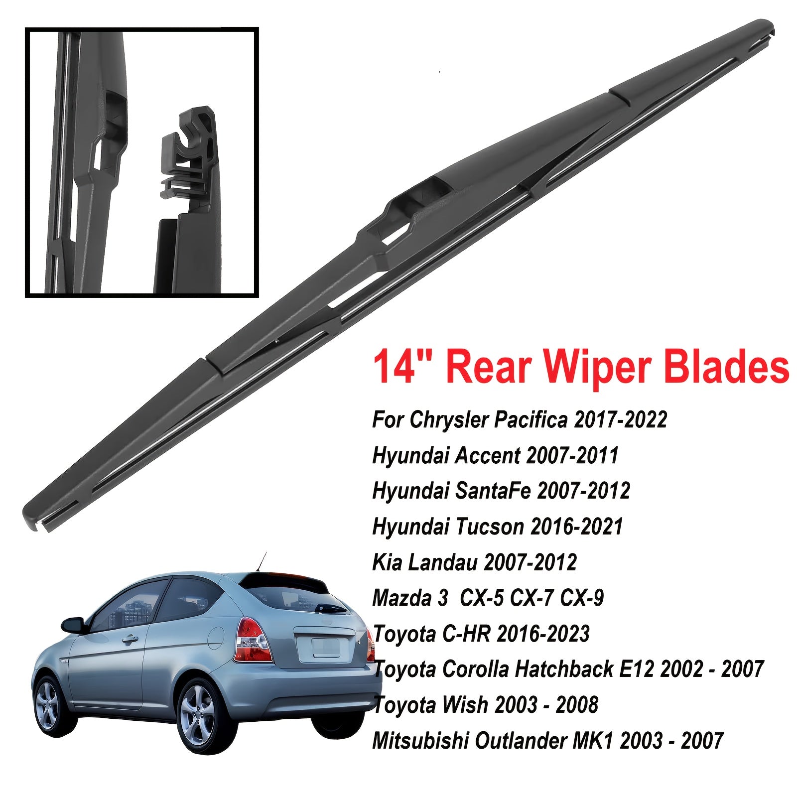 14-Inch Rear Wiper Blade for SUVs and Cars, Universal Fit, Durable Rubber