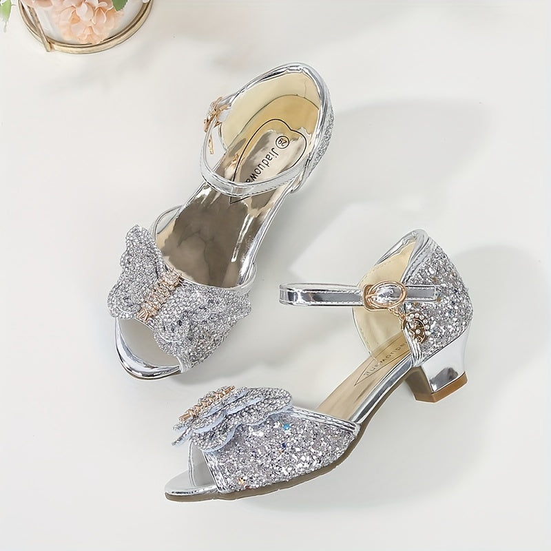 Девочки летние туфли-танцевальные на каблуке в стиле бабочка принцесса с пайетками и пряжкой