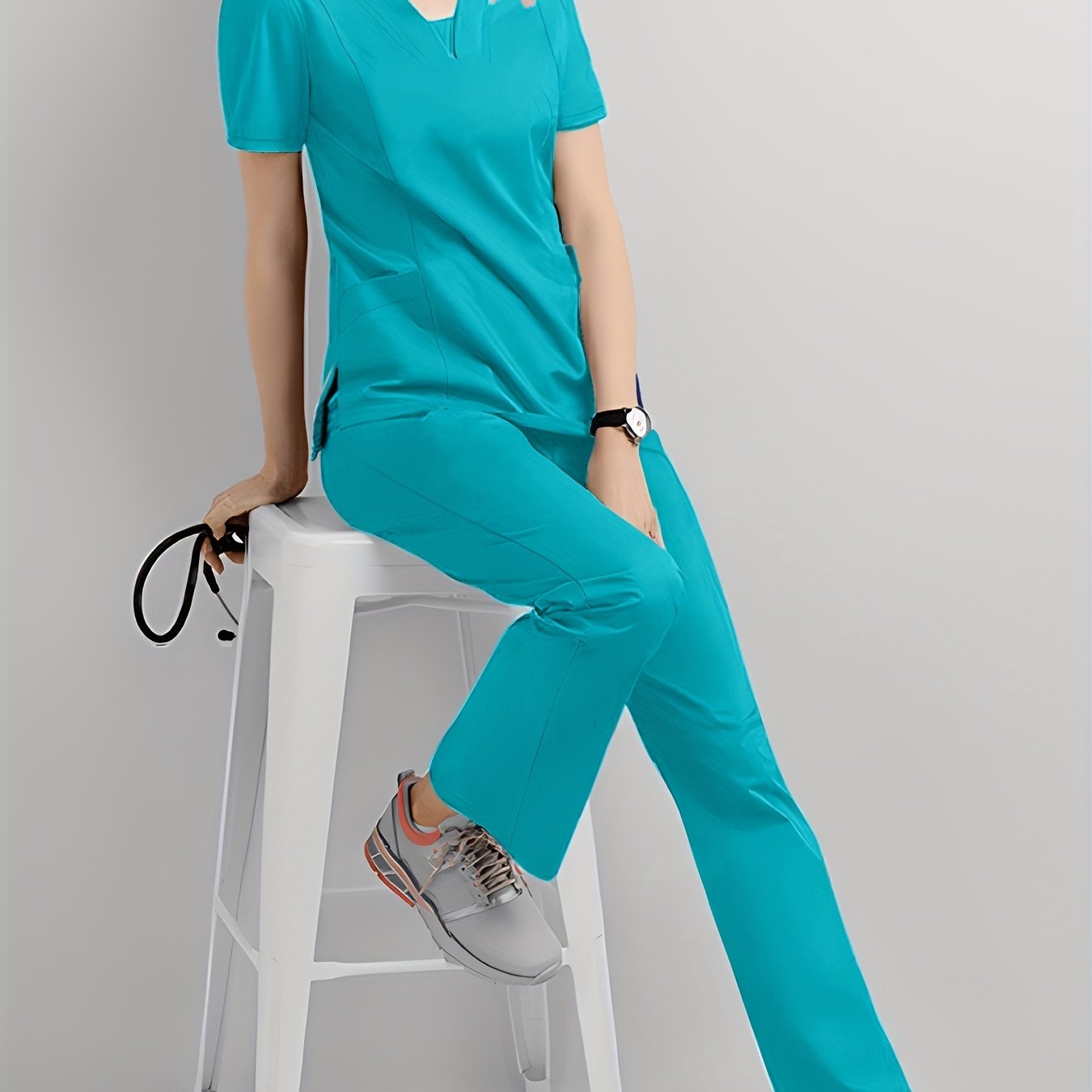 Women's Scrub Set V-Neck Top and Drawstring Pants Breathable Polyester Spandex Medical Uniform
