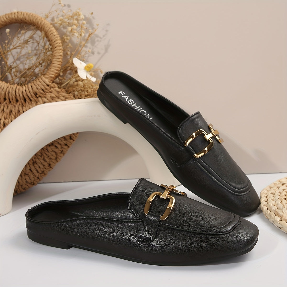 Women's Flat Mules Square Toe Metallic Buckle Slip-On Backless Outdoor Shoes