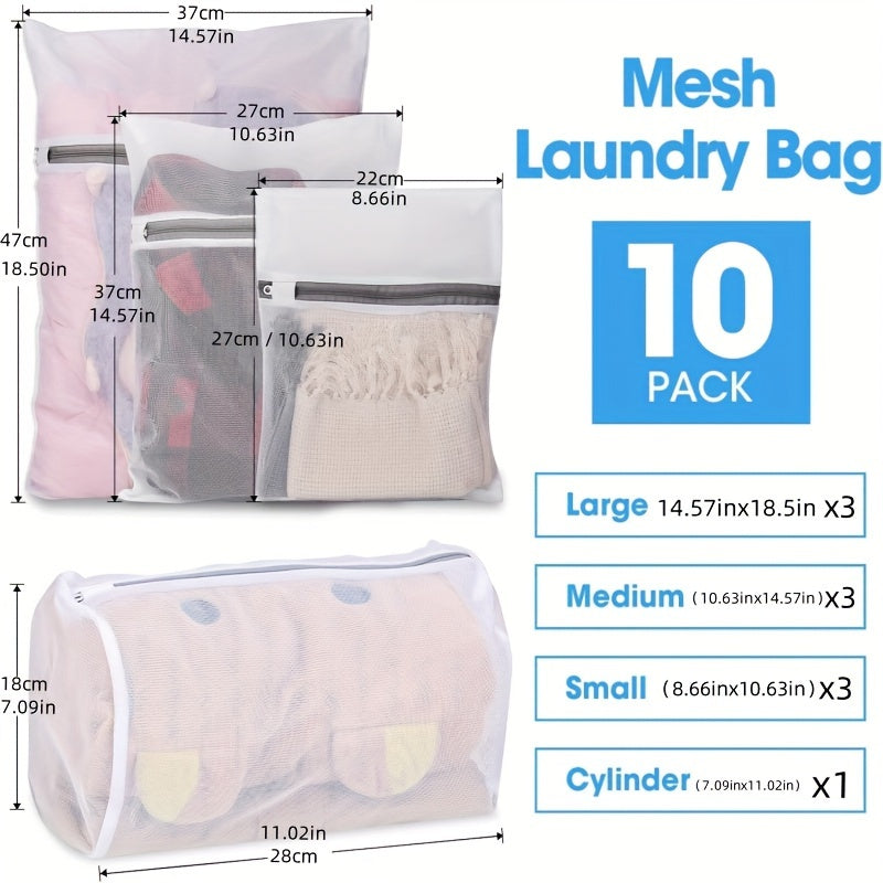Set of 10 Mesh Laundry Bags in 4 Sizes with Zippers Underwear and Travel Storage