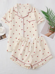 Women's Cherry Print Pajama Set with Lapel Button Top and Bow Shorts for Sleepwear and Loungewear