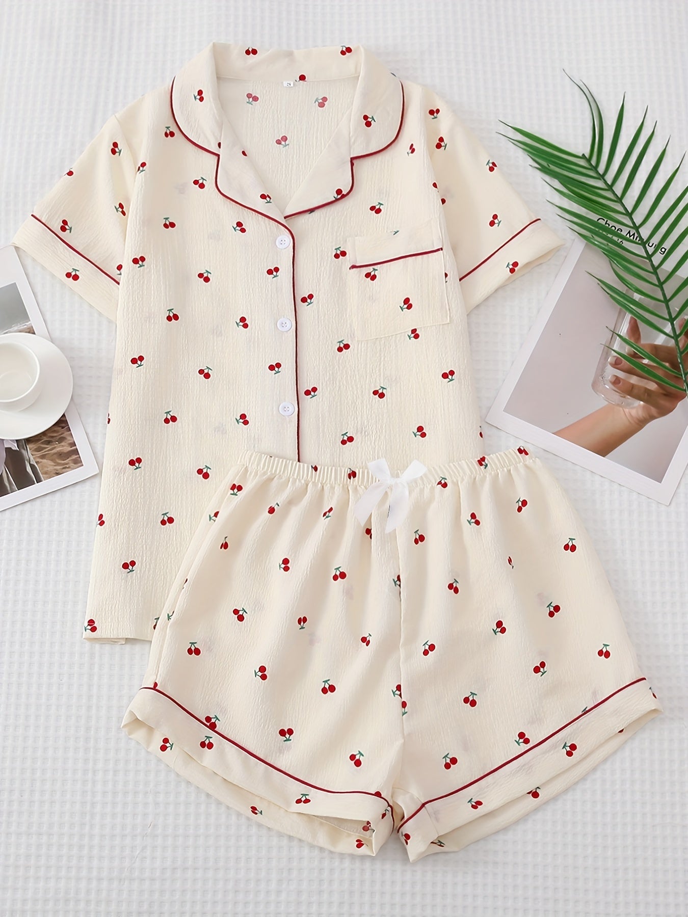 Women's Cherry Print Pajama Set with Lapel Button Top and Bow Shorts for Sleepwear and Loungewear