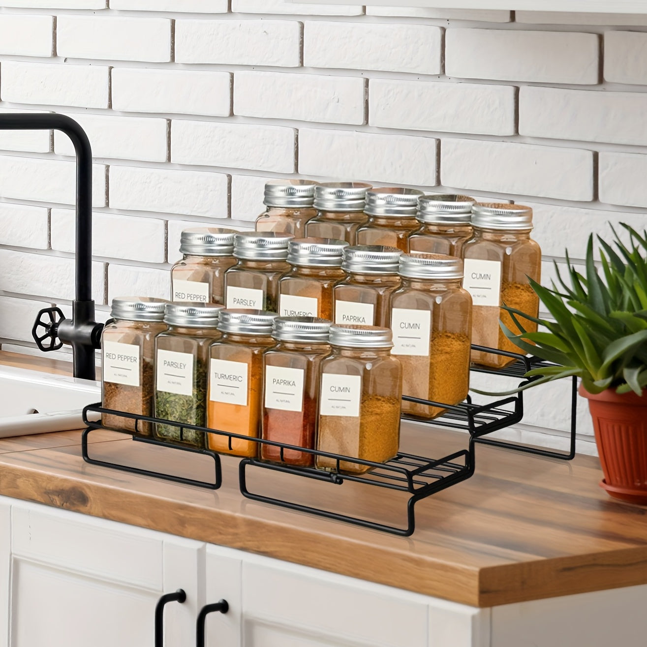 Black Metal Spice Rack Organizer 3-Tier Countertop Storage Shelf