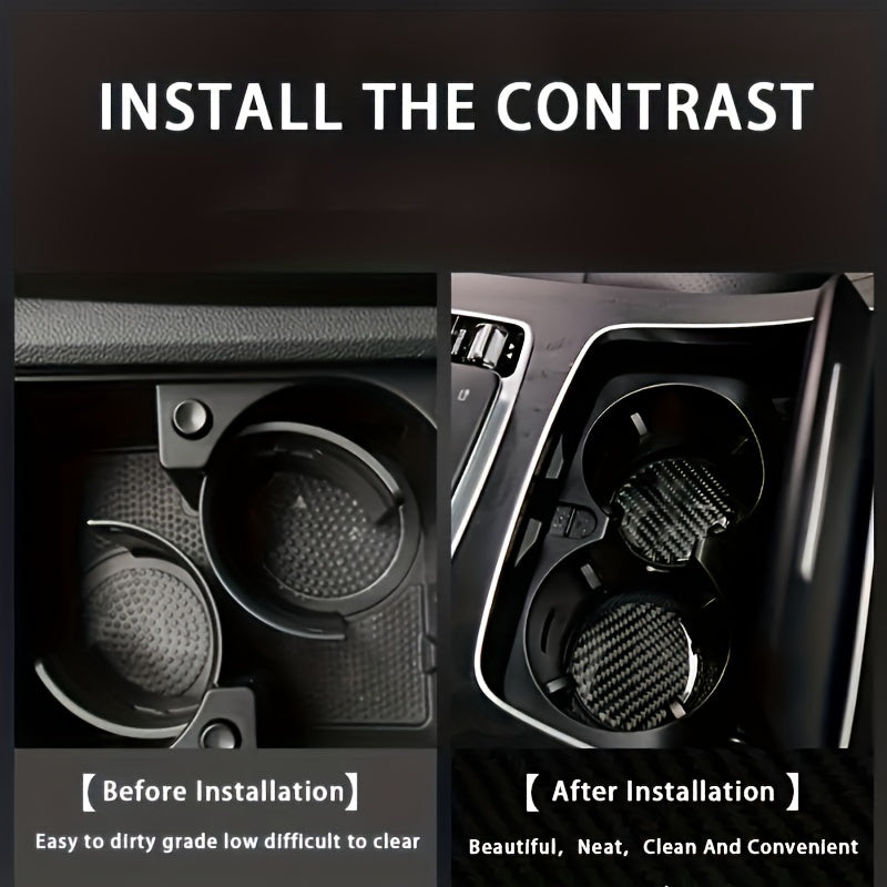 2-Piece Carbon Fiber Cup Holder Mat Set Resin Car Interior Decor Anti-Slip Durable