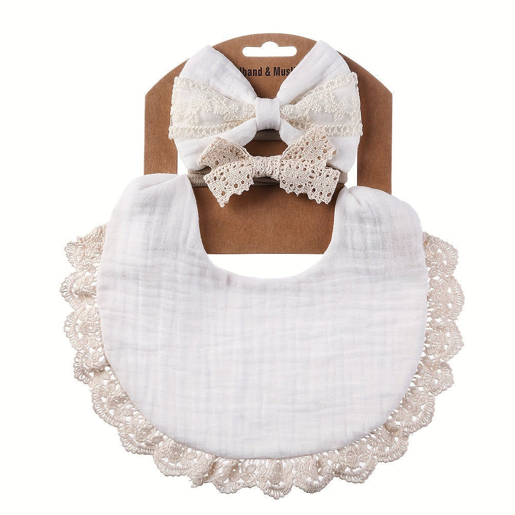 Baby Headbands and Bibs Set of Two with Stain-Resistant Baby Bib and Lace Bow Headband