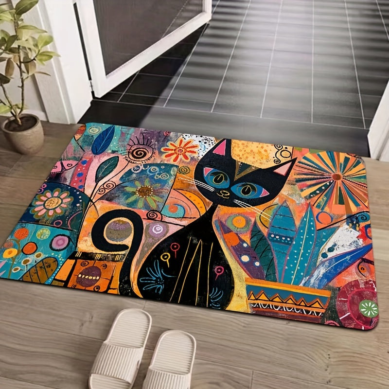 Abstract Art Cat Doormat Non-Slip Polyester Washable Entryway Rug