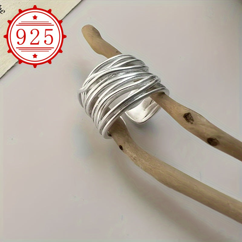 Anillo de dedo de cara ancha ajustable, hipoalergénico, de plata 925 con cruce de bandas, para mujeres y hombres
