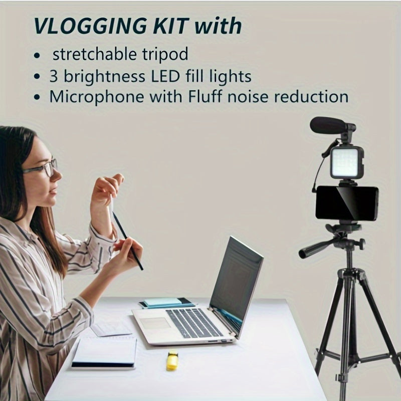 Vlogging Kit with Tripod Microphone and Lights for Live Streaming and Photography Black