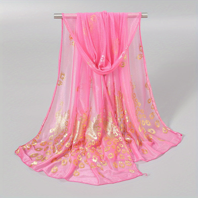 Women’s Peacock Print Lightweight Sun-Protective Polyester Scarf with Shimmering Foil