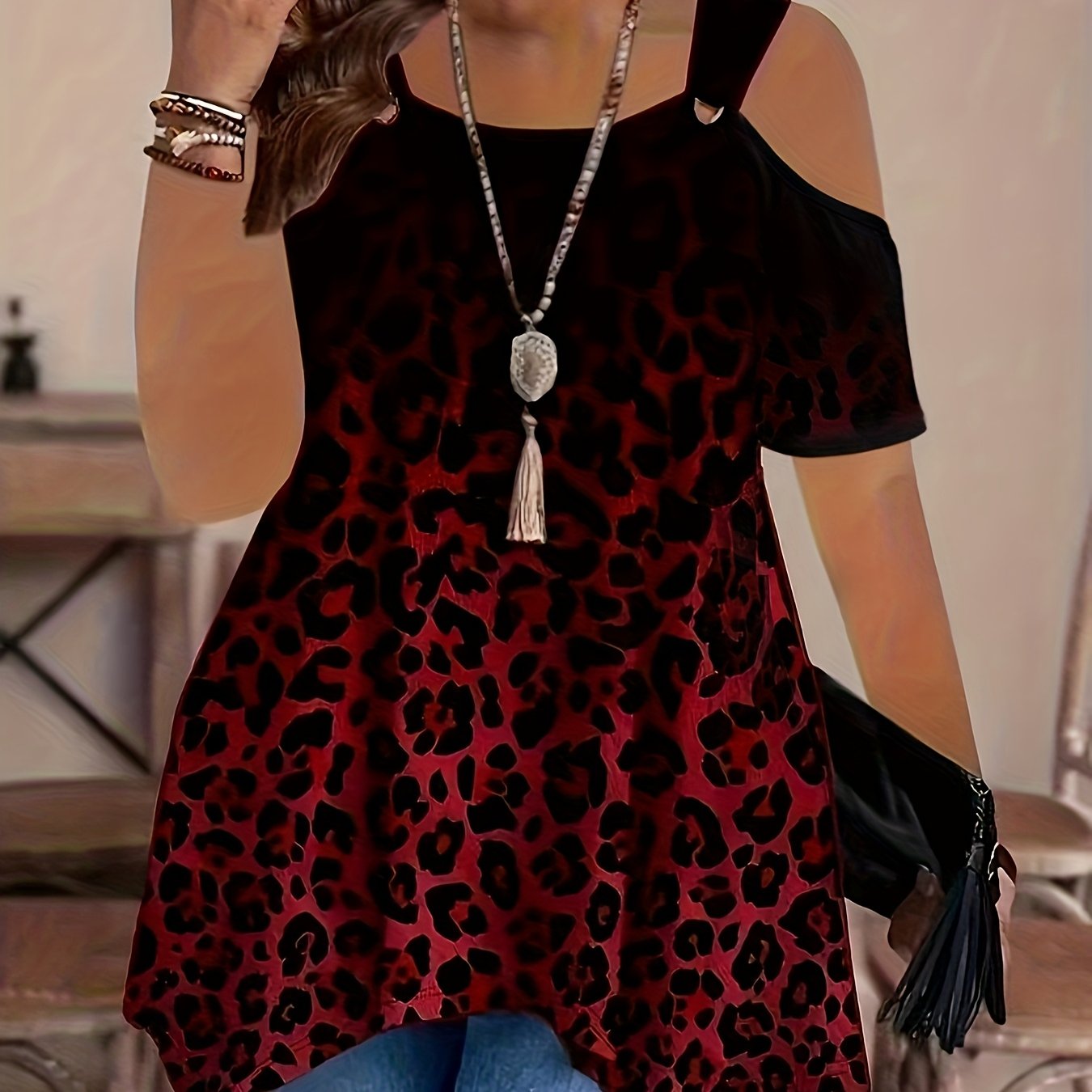 Women’s Off-Shoulder Short Sleeve Top Gradient Purple Black Leopard Print