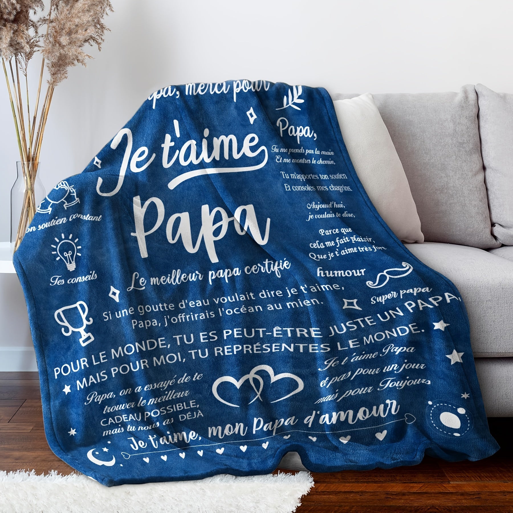 Contemporary French Letter Print Flannel Throw Blanket Hypoallergenic Machine Washable Tear-Resistant for Couch Bed Camping Travel