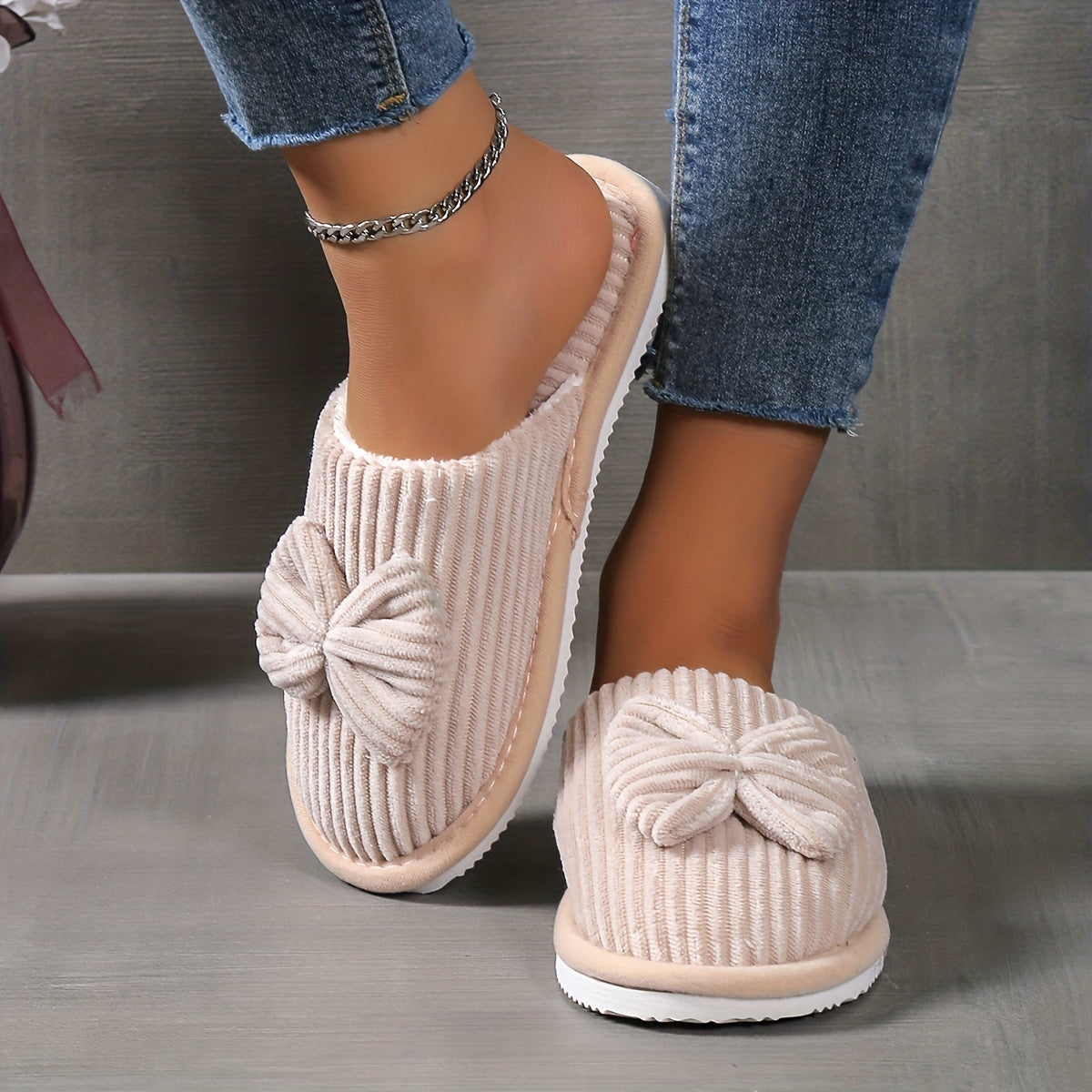 Fuzzy Slippers with Bowknot Soft Sole Fabric Indoor Casual Slip-On for Winter