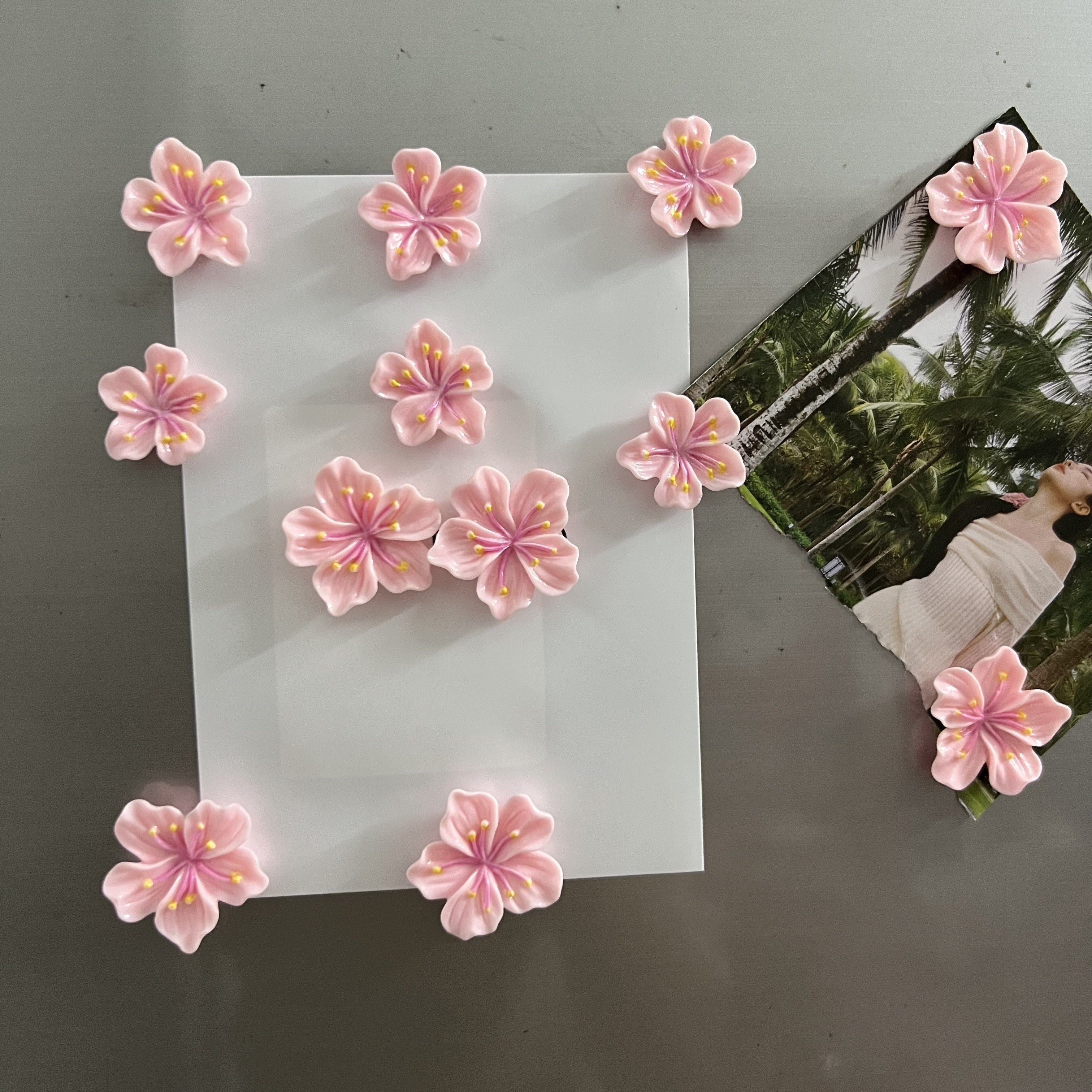 Pink Cherry Blossom Refrigerator Magnet Set 12 Pieces Decorative Kitchen Office