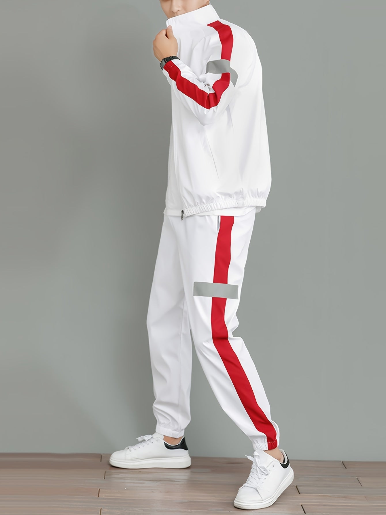 Men's Black and White Striped Polyester Sportswear Set with Reflective Accents for Spring and Fall