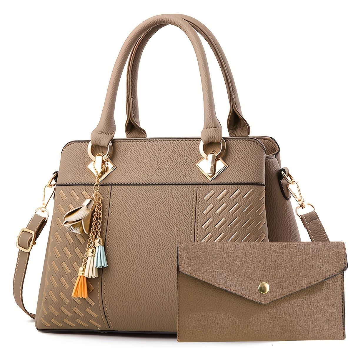 Women's Black Leather Handbag Set with Tote Clutch and Shoulder Bag