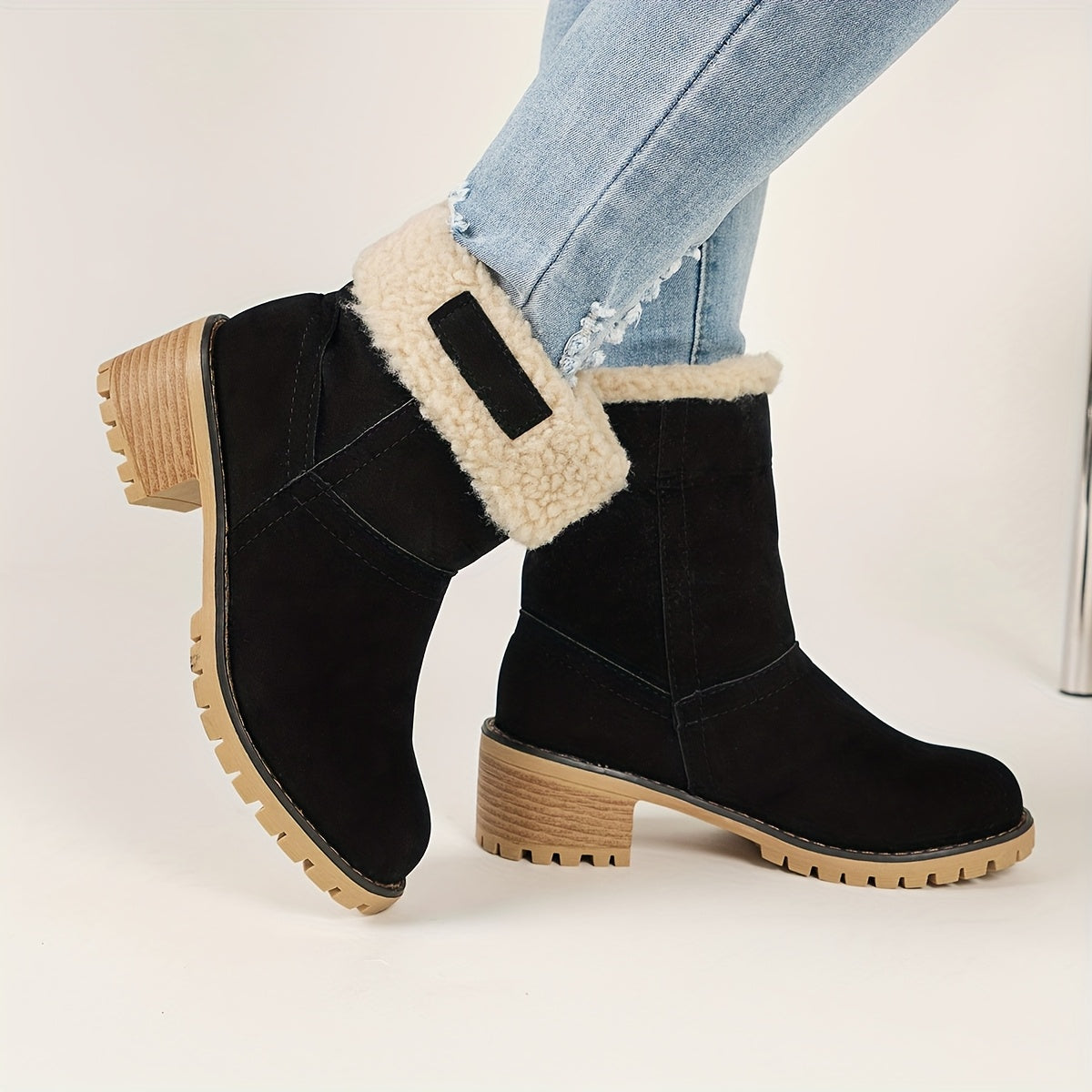 Women's Fleece-Lined Ankle Boots Winter Mid-Calf Thick Rubber Sole