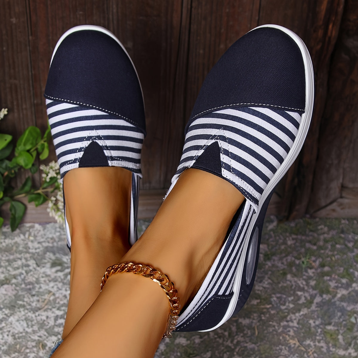 Women's Striped Slip-On Sneakers Low Top All-Season Comfort Shoes