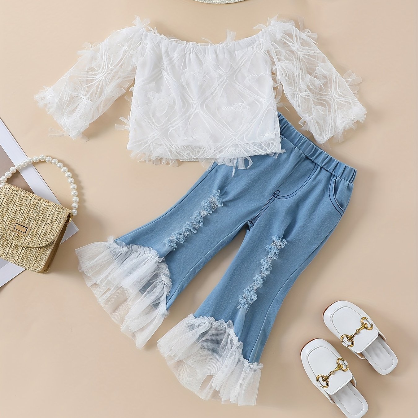 Girls Summer Outfit Off-Shoulder White Lace Top Blue Tulle Flared Pants Polyester