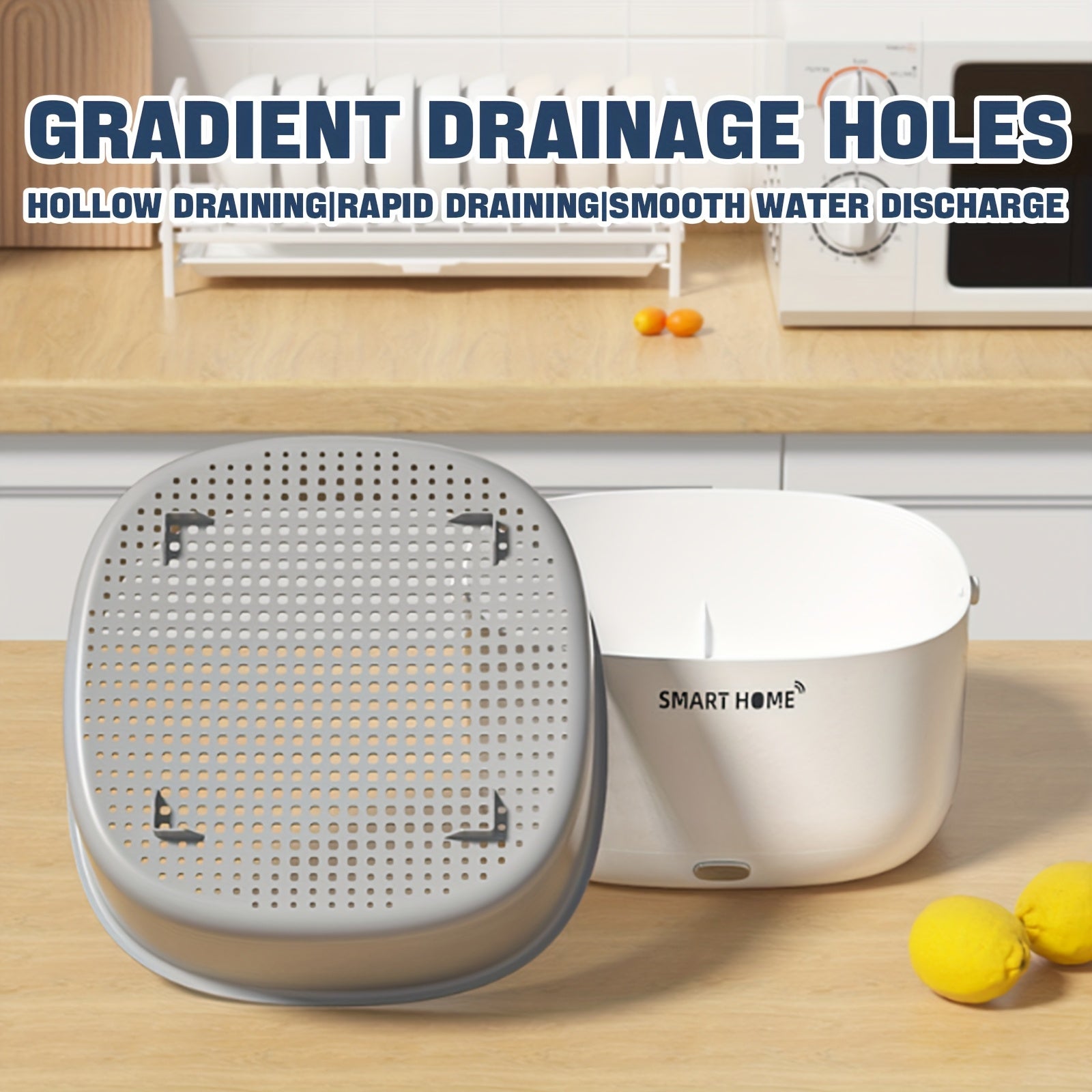 Ovoz to'lqin texnologiyasi bilan multi-funksional oshxona qurilmasi meva va sabzavotlarni tez va samarali tarzda tozalaydi. Oq rangda batareyali, aqlli uy dizayni va gradient drenaj bilan.