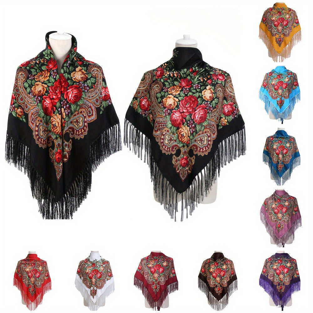 Women's Retro Polyester Shawl with Vintage Floral Print for Autumn Winter