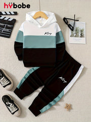 2pcs Boys Hooded Outfit Set with King Print Colorblock Stitching Fall Winter Outdoor Wear