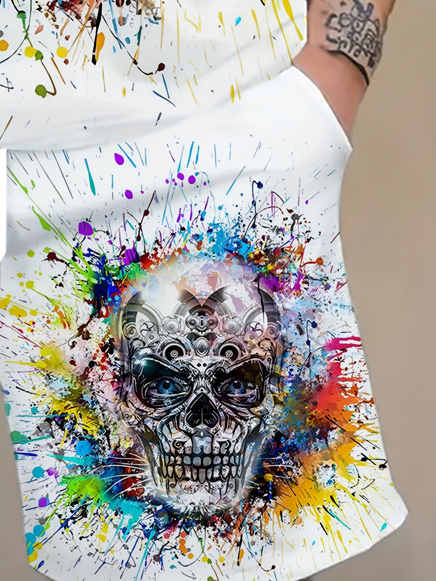 Мужской комплект большого размера 2 предмета: футболка с круглым вырезом и принтом черепа, шорты с шнурком, полиэстер