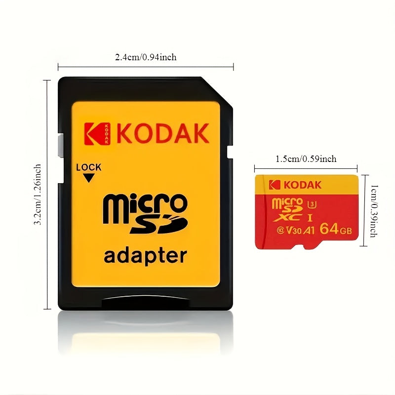 Kodak Micro SD karta TF xotira kartasi adapter bilan, 32GB, 64GB yoki 128GB sig'imda mavjud, C10 A1 TF flesh-karta.