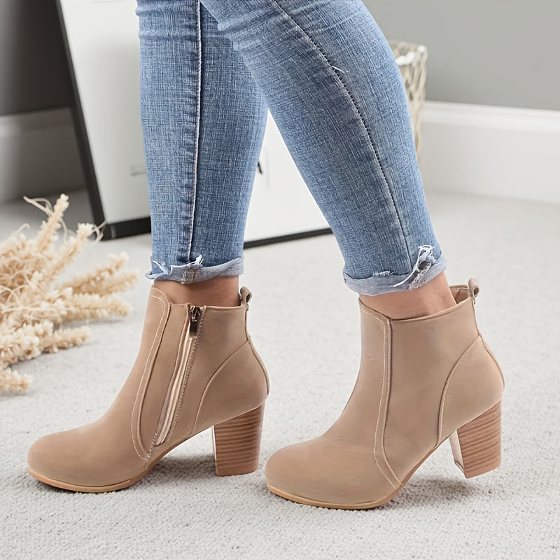 Women's Chunky Heel Ankle Boots Faux Cover Beige 7cm Platform