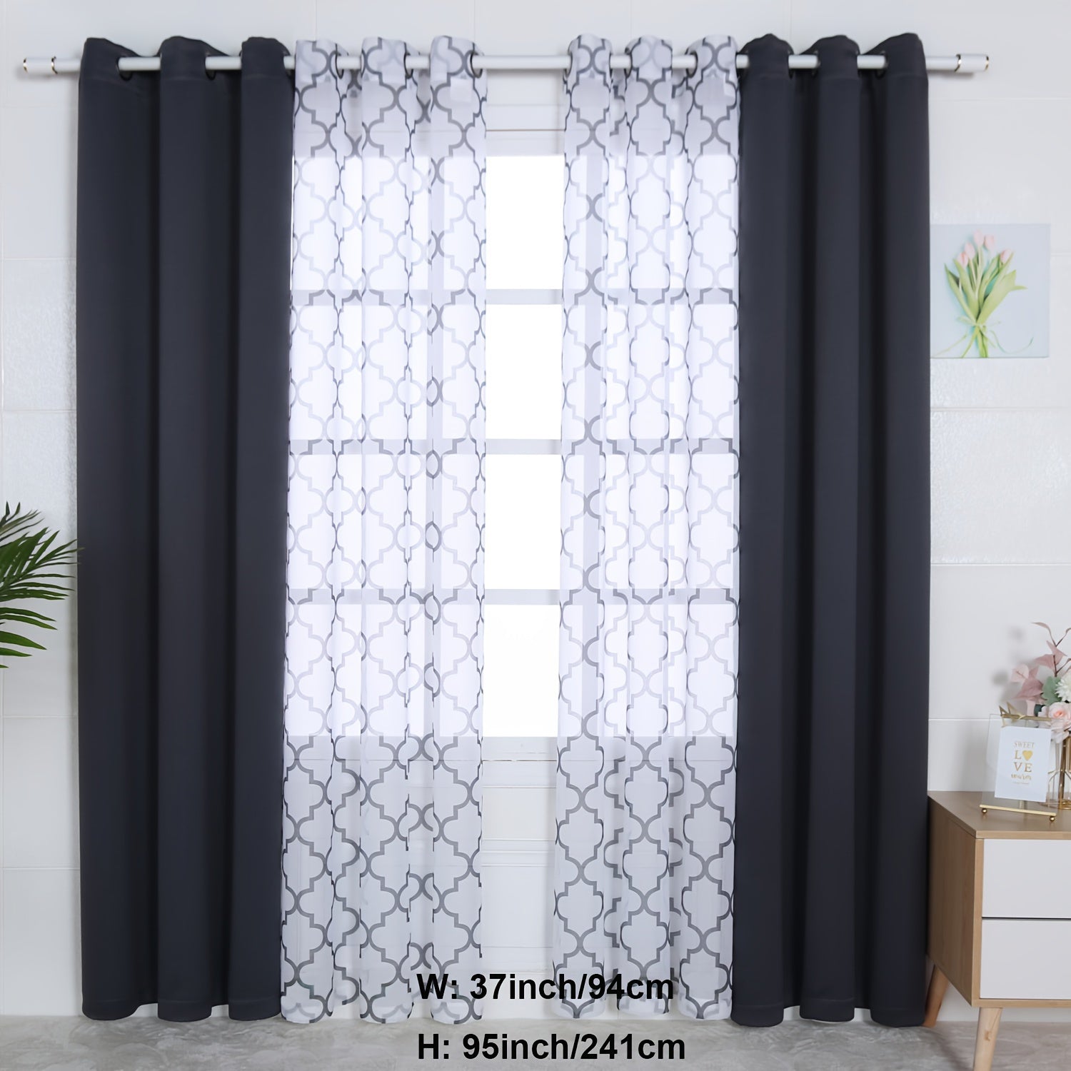 Blackout Curtains and Sheer Panels Set with Snowflake Pattern Indoor Window Decor