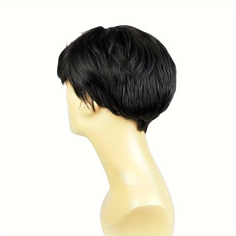 Men's Black Fluffy Wig with Side-Swept Bangs for Cosplay and Daily Wear