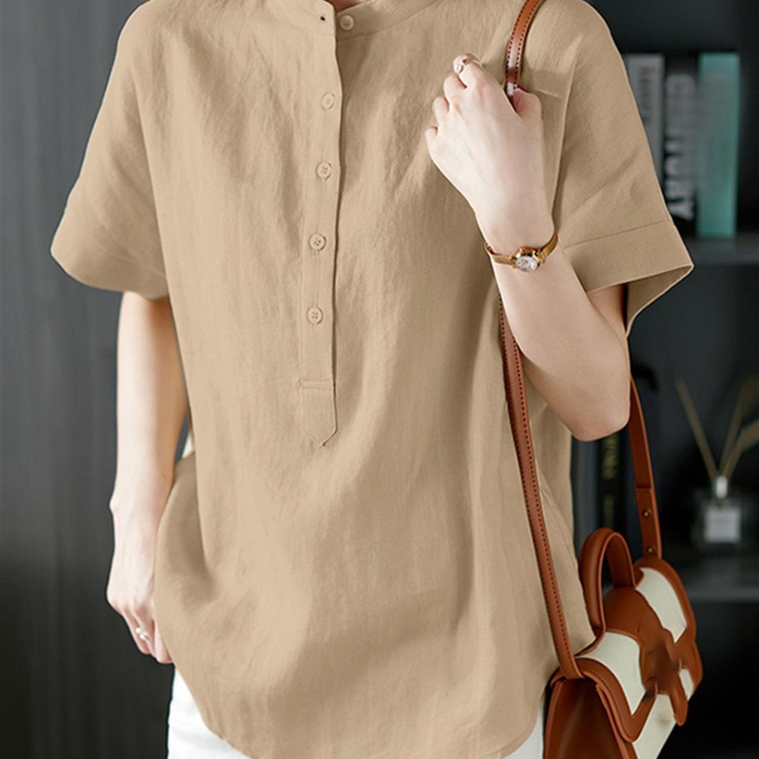 Plus-Size Women's Loose Short-Sleeve Blouse With Mandarin Collar Summer Top